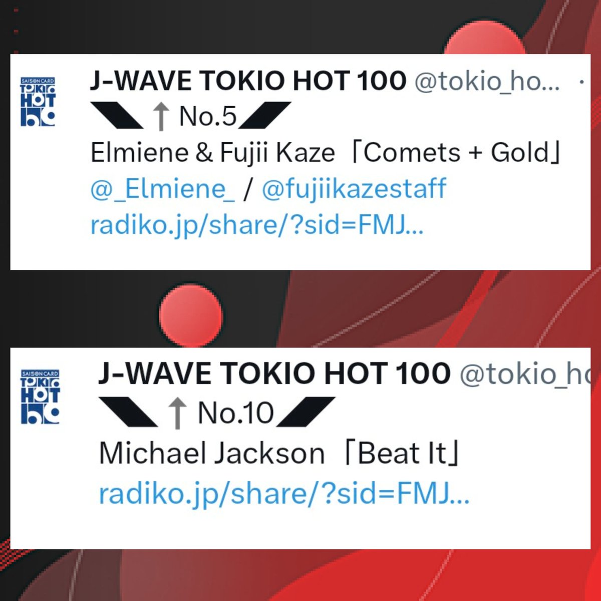 hana_kaze_hehn's tweet photo. 今週の #tokiohot100📻
昔々🤭からマイケルファンの私にとってTOP10に風くんとマイケルが並んでる🥹
しかも coverしている #Beat_It♪で🫢
とても嬉しくて 胸熱🥹❤️🔥❤️🔥です✨
#MichaelJackson #FujiiKaze https://t.co/13YIRIkkkg