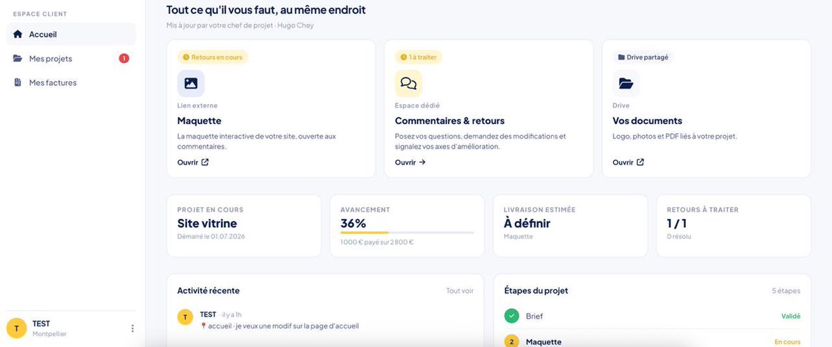 hugokhh's tweet photo. Pour les agences qui voudraient fluidifier la delivrabilité client la web-app est une très bonne option

Depuis que j’ai développé la mienne, les clients sollicitent beaucoup moins via whatsapp (messages,vocaux..)

Ils ont absolument tout qui est centralisé directement sur leur espace et peuvent interagir sur leur projet (retours, idées, modifs etc…) 

Même au niveau de l’image de l’agence, ça permet de step-up quand on présente l’espace au R1

PS : si tu as besoin de développer un ou des logiciels/webapp/application/site web —> dm 😉