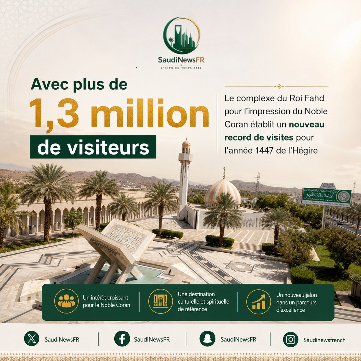SaudiNewsFR's tweet photo. 🚨 OFFICIEL 🚨

Avec plus de 1,3 million de visiteurs :

Le Complexe du Roi Fahd pour l’impression du Noble Coran établit un nouveau record de visites pour l’année 1447 de l’Hégire. https://t.co/hu90P80mWa