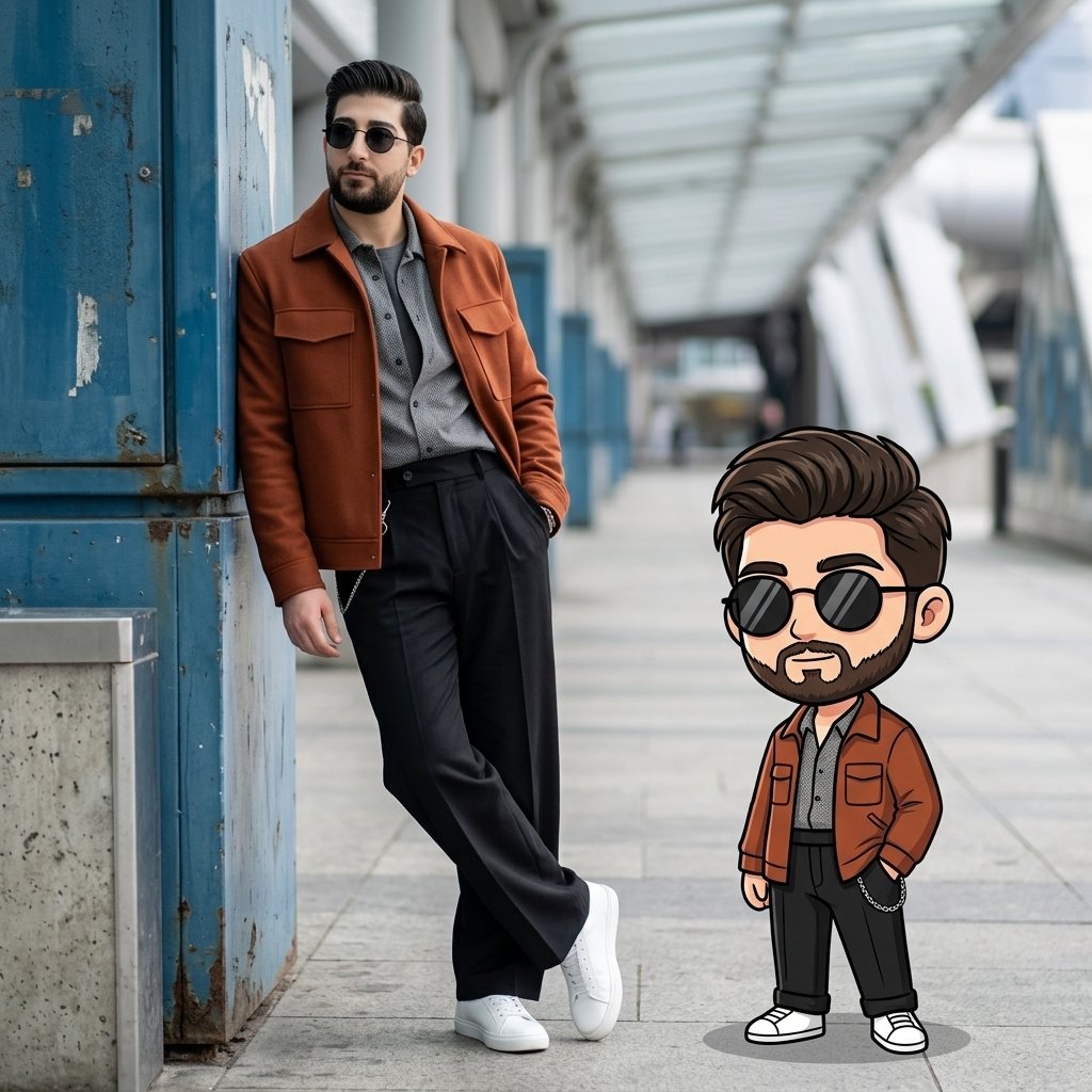 IS7MI's tweet photo. Prompt 🖼⤵️

Ultra-hyperrealistic cinematic 64K DSLR street-style photograph with mixed media aesthetic (real photography blended with subtle cartoon illustration). Use the exact facial features from the reference image. Gender-neutral androgynous presentation. Short styled dark hair, well-groomed light facial hair or clean soft definition depending on reference. Thin black round metal sunglasses.\n\nFashion-forward outfit with variable colors: modern structured jacket (random bold or muted tone), layered shirt with optional tie or minimal collar design, wide-leg tailored trousers in contrasting complementary colors, clean modern shoes. Small subtle accessory such as a keychain or chain detail on belt loop.\n\nMain subject leaning casually against a vertical urban structure, one leg crossed over the other, looking slightly to the side with a calm confident neutral expression.\n\nA chibi-style cartoon version of the same character stands beside them, mirroring outfit and pose, exaggerated cute proportions, simplified features, playful contrast.\n\nScene: variable modern location (urban street, minimalist plaza, futuristic walkway, or contemporary architecture). Natural daylight, soft cinematic shadows, shallow depth of field, 50mm lens look, ultra-detailed textures, high dynamic range, Instagram editorial aesthetic, trendy fashion vibe.",
  
  "negative_prompt": "low quality, blurry, distorted face, extra limbs, bad anatomy, watermark, text, logo, oversaturated, unrealistic proportions",
  
  "style": "cinematic ultra-realism + mixed media cartoon contrast".