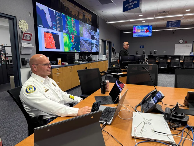 Orlando Fire Department Assistant Fire Chief/Fire Marshal John Jockin and City of Orlando Emergency Manager Manuel Soto at the Orlando Emergency Operations Center monitoring the crowds attending Fireworks at the Fountain.