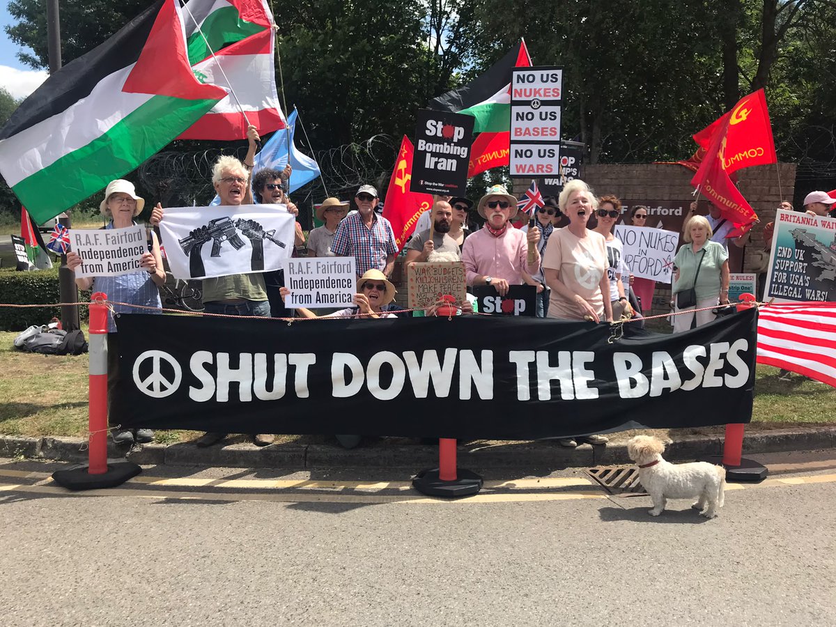 CNDuk's tweet photo. We read out and attempted to hand in a Declaration of #IndependenceFromAmerica to the RAF Fairford base commander yesterday. B-52 bombers appear to have flown home but at least 7 B-2 bombers and U-2 spy plane remain on standby. #ShutDownUSBases https://t.co/RypkesZ9y9