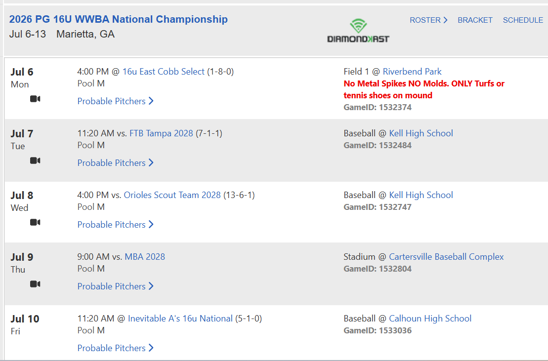 CarterNoland_BB's tweet photo. PG WWBA Schedule for The Yard 16U. @DiamondHeels @VandyBoys @DukeBASE @CoastalBaseball @GamecockBSB @PrepBaseballTN @tnballplayers @PB_Uncommitted https://t.co/l8YjH8t0fQ