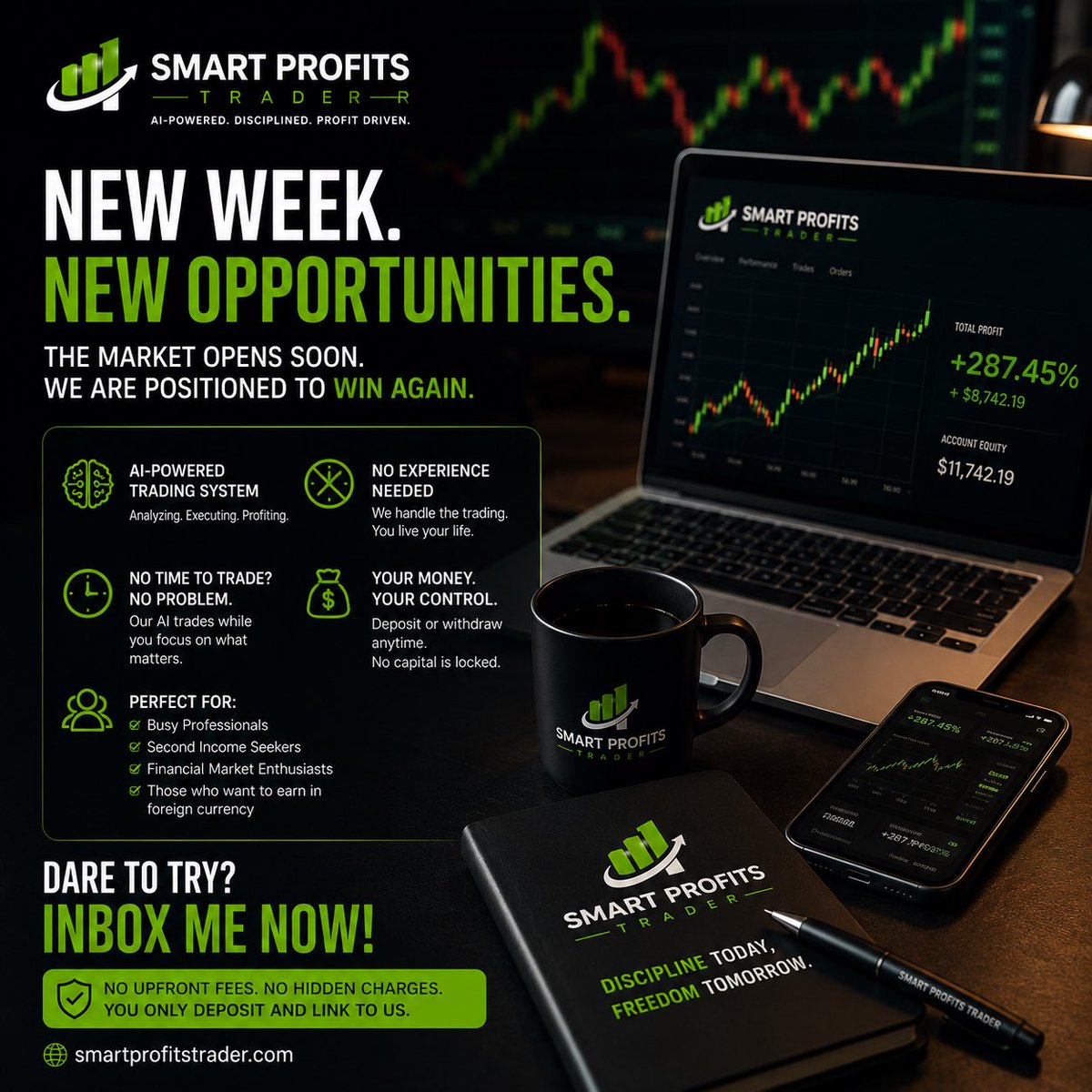 smartprofitsbot's tweet photo. 🚀 THE MARKET OPENS IN A FEW HOURS…

One decision could change the rest of your year.

Every week, people watch others post withdrawals, account growth, prop firm passes, and profits…

…then tell themselves,

“Maybe next week.”

The truth is…

Next week never comes for people who never take action.

The market opens in just a few hours, and our AI trading system is ready for another trading week.

The beautiful part?

You don’t need to know anything about Forex.

You don’t need years of experience.

You don’t need to spend hours staring at charts.

Our Artificial Intelligence does the heavy lifting.

It analyzes the market, tests multiple strategies, selects the highest probability setup, and executes trades while you’re busy living your life.

Whether you’re:

✅ A salary earner looking for another source of income

✅ A business owner who wants your money working for you

✅ Someone tired of leaving cash idle in the bank

✅ Someone who wants to earn in dollars

This may be exactly what you’ve been looking for.

One thing I always tell people…

You’ll never know what’s possible until you give yourself permission to try.

The biggest risk isn’t always losing money.

Sometimes the biggest risk is spending another year doing exactly what you’ve always done and expecting life to change.

At Smart Profits Trader…

💚 Your money stays in your own trading account.

💚 You can withdraw your capital whenever you want.

💚 No hidden management fees.

💚 No trading experience required.

We simply connect your account to our AI-powered trading system and guide you every step of the way.

The market opens shortly.

If you’ve been waiting for the right time…

This might just be it.

📩 Send me a DM and let’s get your account set up before the market opens.

Your future self may thank you for the decision you make today.

#SmartProfitsTrader #CopyTrading #AITrading #Forex #FinancialFreedom #PassiveIncome #Investing #Nigeria #BuildWealth #ArtificialIntelligence