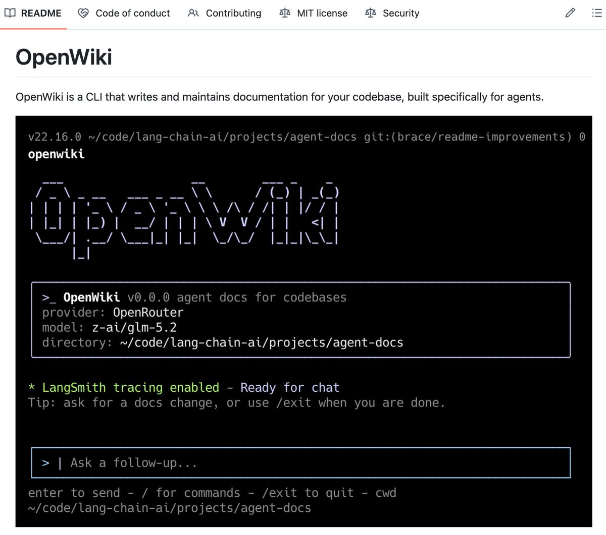 techNmak's tweet photo. OpenWiki is a CLI that writes and maintains documentation for your codebase, built specifically for agents. Run openwiki --init, pick a model, and it generates docs from your repo. A GitHub Action opens a PR once a day to keep them updated. It also appends instructions to your AGENTS[.]md and CLAUDE[.]md so Claude Code or Cursor knows to check the wiki for context.

GitHub Repo: https://t.co/NaNPQK8HI5