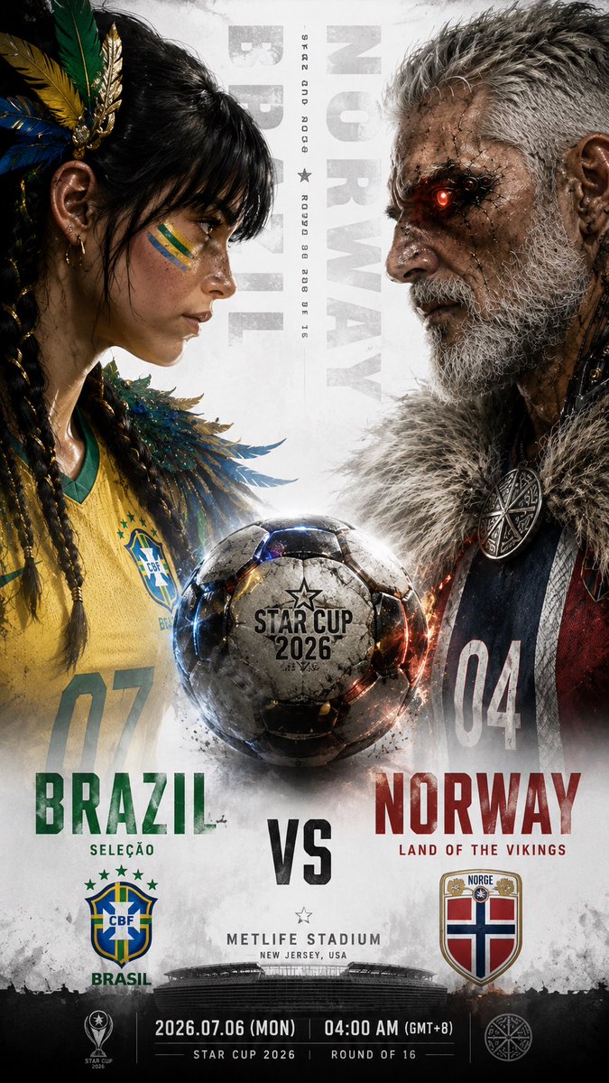 ownhome45's tweet photo. Sixteen remain. One will rise.
Legends are not born. They are forged.
Brazil vs Norway — Round of 16, MetLife Stadium.
巴西 vs 挪威,16強生死戰倒數中。
2026.07.06(一) 台灣時間 04:00 開踢。
你賭誰晉級?
#OwnHome45 #SteelAndStardust #StarCup2026 https://t.co/7LpYCs2BYQ