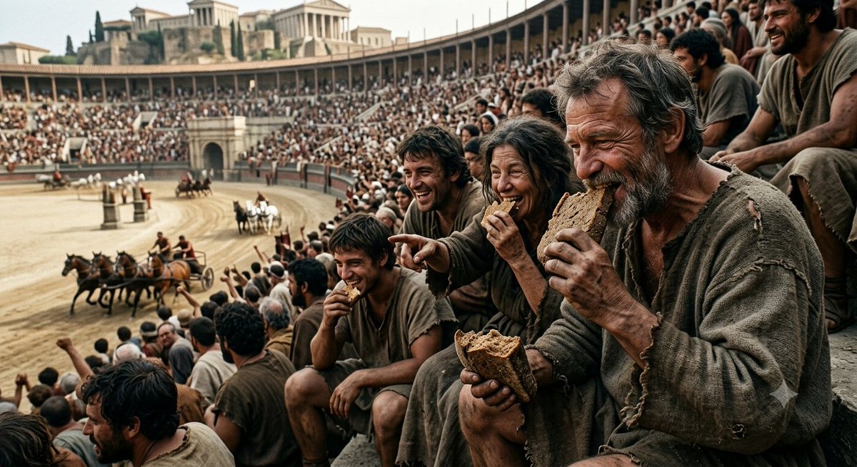 SamaHoole's tweet photo. The Romans understood something about cheap carbohydrate that we pretend not to.

Panem et circenses. Bread and circuses. The emperors kept the vast restless population of Rome quiet with two things. Free grain, and entertainment. Fill the belly with cheap bread and fill the day with spectacle, and a mob that might otherwise turn on you stays docile and manageable.

They knew, instinctively, that a people kept full of cheap starch and distraction is a people who do not make trouble.

It is not a conspiracy to notice that the modern arrangement rhymes with it rather neatly. The cheapest calories on every high street are the refined carbohydrates, the bread and the sugar, subsidised, everywhere, filling. And the circuses now fit in your pocket and glow at you all evening.

A population fed on cheap starch and endless spectacle is sluggish, docile, and too tired to ask difficult questions. The Romans did it on purpose and wrote it down.

We drifted into the same thing and call it convenience.