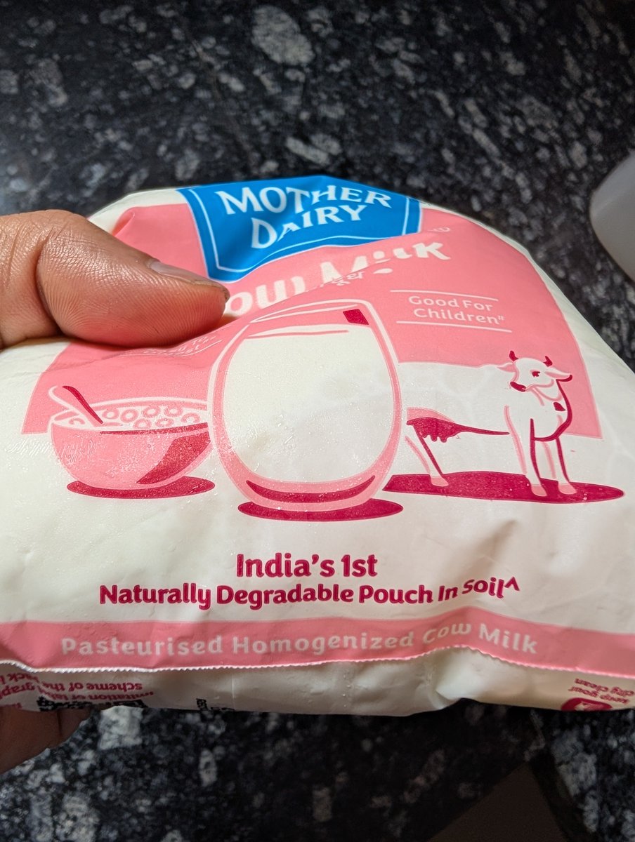 chikchik18's tweet photo. Good to see Mother Dairy introducing milk in degradable packets.

I hope other brands follow suit. https://t.co/ZEmR77bOoO
