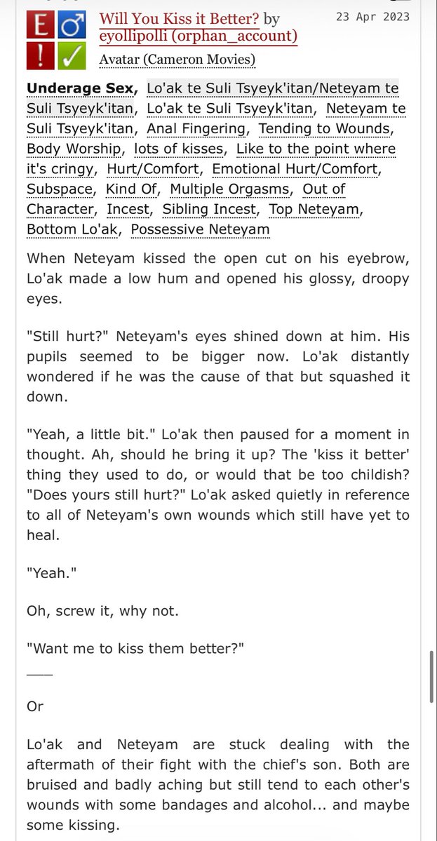 dolllysaurus's tweet photo. ⚠️attention!!!⚠️

the author of "Peach Pit" a very popular #netenung fic has also written 2 loak x neteyam fics. the works are orphaned but if you look up their pseud they still show up. 

PLEASE SPREAD THIS! many readers are unaware and they also have a ton of minor readers. https://t.co/GpmyY5ASgs