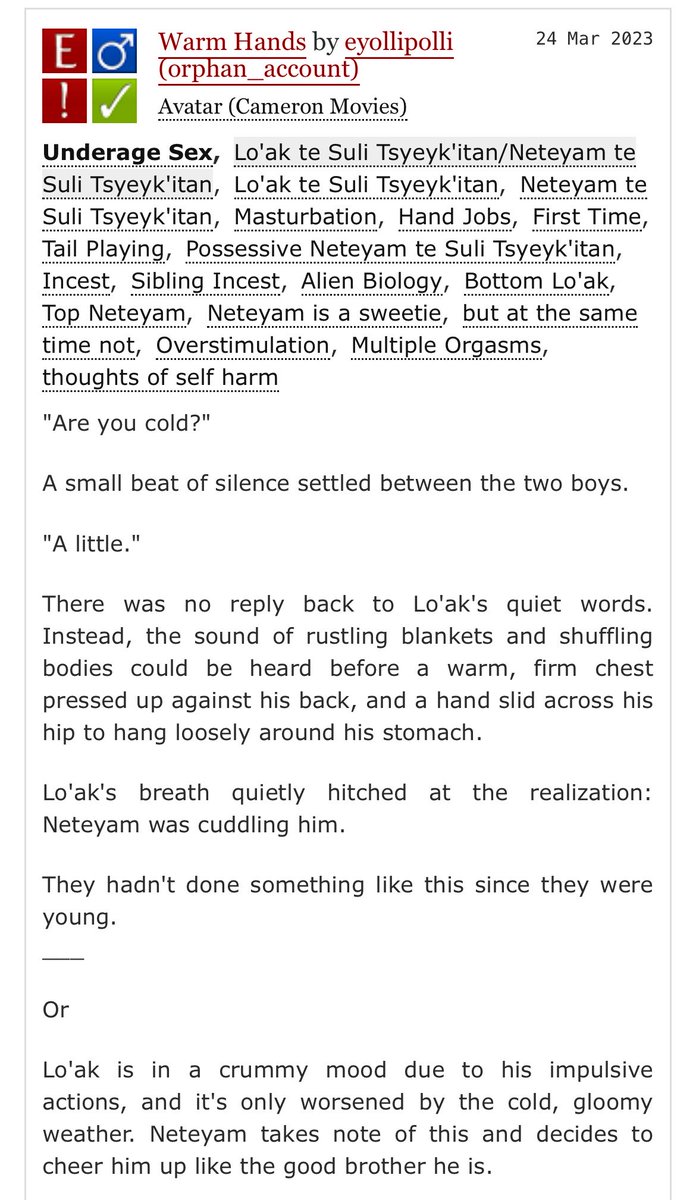 dolllysaurus's tweet photo. ⚠️attention!!!⚠️

the author of "Peach Pit" a very popular #netenung fic has also written 2 loak x neteyam fics. the works are orphaned but if you look up their pseud they still show up. 

PLEASE SPREAD THIS! many readers are unaware and they also have a ton of minor readers. https://t.co/GpmyY5ASgs