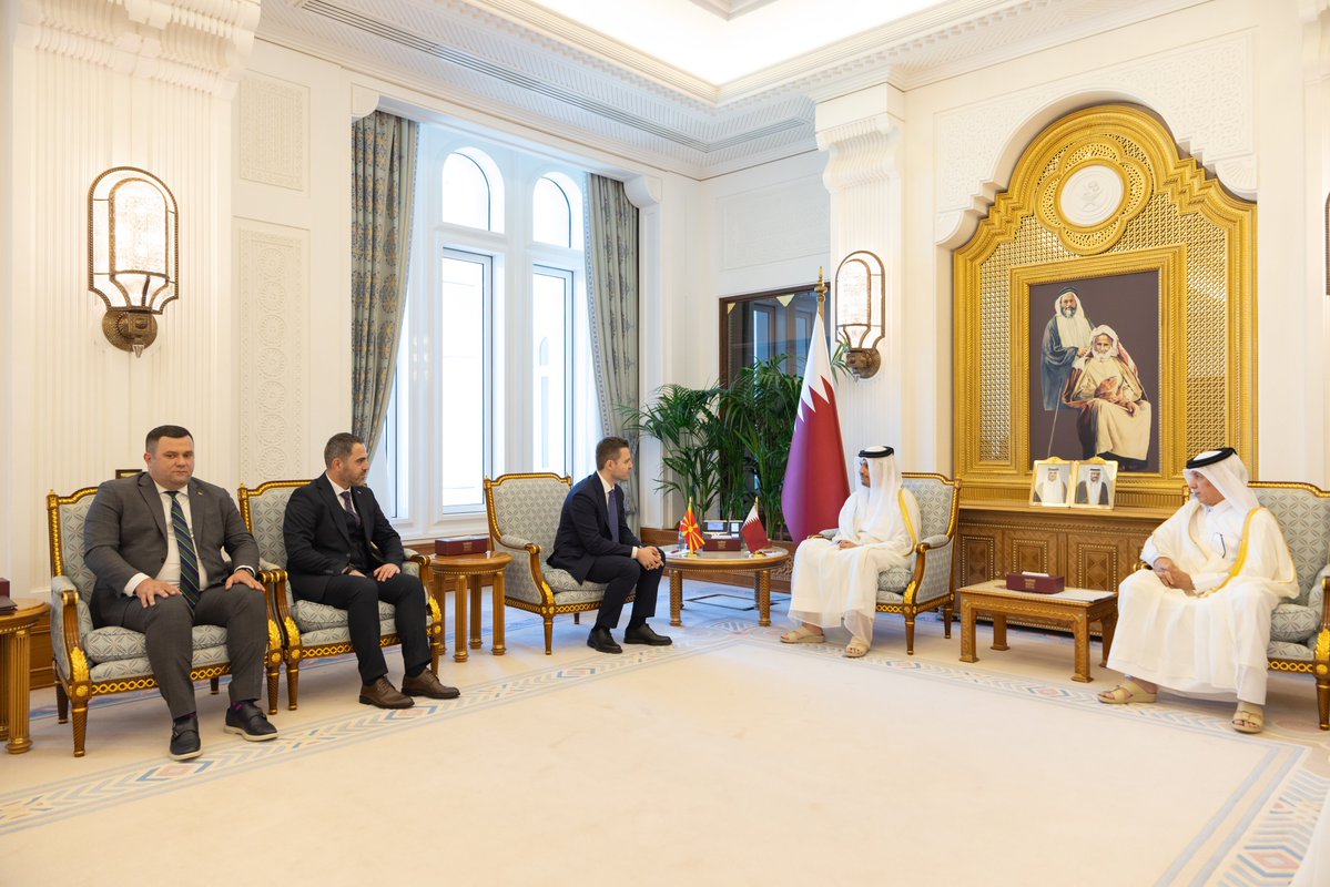 MofaQatar_EN's tweet photo. Prime Minister and Minister of Foreign Affairs @MBA_AlThani_ Meets Minister of Foreign Affairs of North Macedonia

Doha | July 05, 2026

HE Prime Minister and Minister of Foreign Affairs Sheikh Mohammed bin Abdulrahman bin Jassim Al-Thani met on Sunday with HE Minister of Foreign Affairs and Foreign Trade of the Republic of North Macedonia Timco Mucunski, who is visiting the country.

The meeting discussed bilateral cooperation relations and ways to support and develop them, in addition to a host of topics of mutual interest.

#MOFAQatar