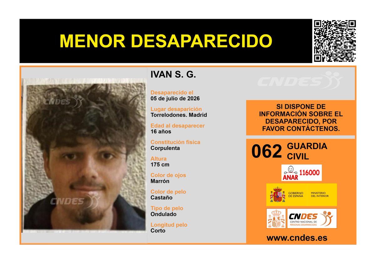 cndes_oficial's tweet photo. ⚠️ 𝘼𝙇𝙀𝙍𝙏𝘼⚠️
🚹MENOR DESAPARECIDO
Edad 1⃣6⃣ años
🧐visto por última vez
🔄 RT para ayudar a encontrarlo #Torrelodones #Madrid
Si lo has visto o tienes pistas 📩https://t.co/5UFXrrsBQR
📞062 @guardiacivil
☎️116000 ANAR
🔗 Canal oficial @cndes_oficial
#menordesaparecido https://t.co/gMR4QJQn4p