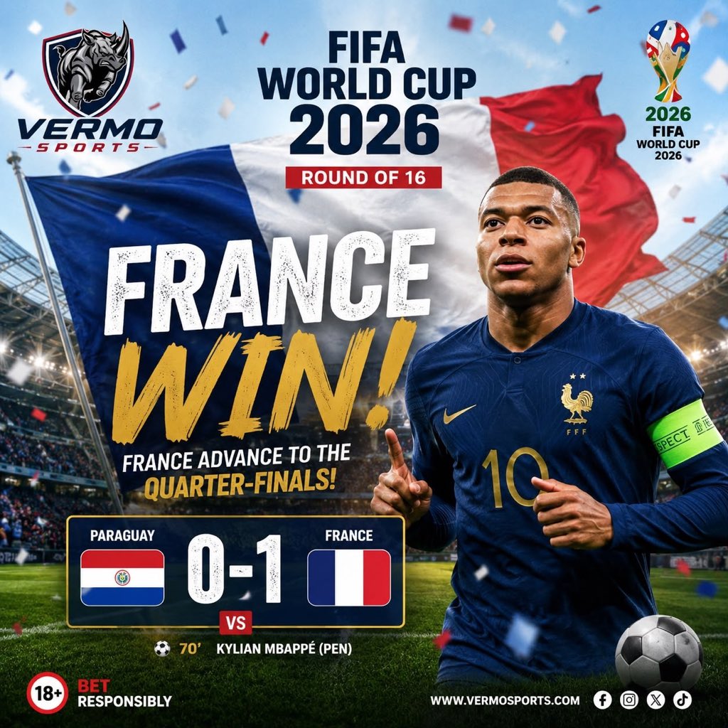VermoSports's tweet photo. FULL-TIME! ⏱️

🇵🇾 Paraguay 0️⃣-1️⃣ France 🇫🇷

Mbappé’s penalty makes the difference as France book their place in the Quarter-Finals! ⭐

Did you predict this result? Let us know below! 👇

#WorldCup2026 #France #VermoSports #Football #PredictAndWin https://t.co/d6J5qFacqo