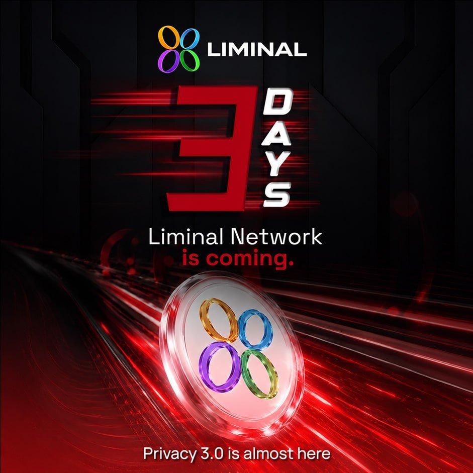 LiminalFi's tweet photo. 3 days.

Not a countdown. A warning.

Liminal is coming.

#LiminalNetwork #3DaysToGo #Privacy3_0 https://t.co/uh802awRTd