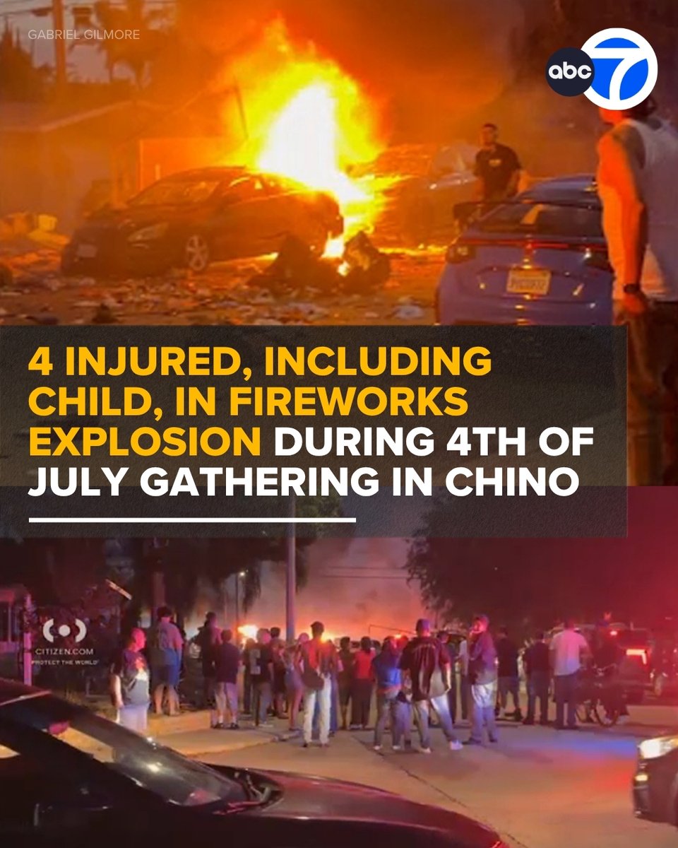 ABC7's tweet photo. Four people were injured, including a child, in a fireworks explosion in Chino on the Fourth of July, authorities said. https://t.co/NyBE7bobTe https://t.co/oAhPraExTs