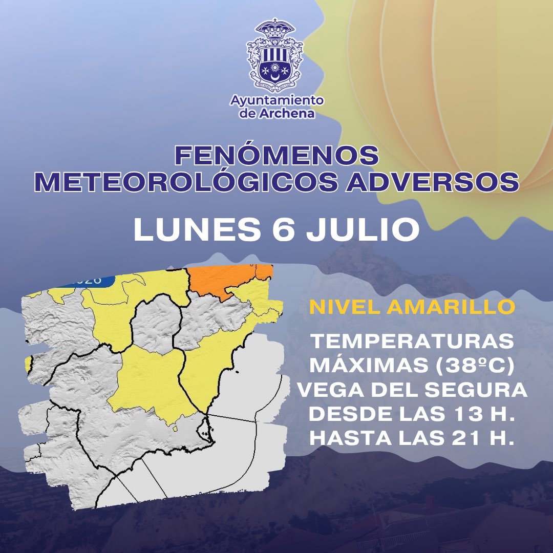 AytoArchena's tweet photo. FENÓMENOS METEOROLÓGICOS ADVERSOS PARA MAÑANA 
LUNES, 6 de julio

🟡 Nivel Amarillo
Temperaturas máximas (38ºC)
Vega del Segura
Desde las 13 hasta las 21 h.
Probabilidad 40%-70% https://t.co/DUKO8Ucx7l