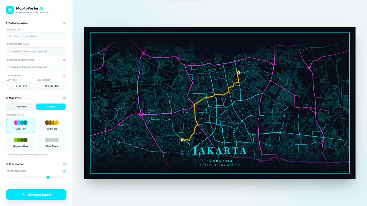 dayjournal_nori's tweet photo. 任意の場所を地図ポスターにできる「MapToPoster JS」🗺️
世界中の場所を高解像度の地図ポスターに生成できるアプリケーション。標準はLeaflet・アート系はMapLibre GL JSを使い分け検索にNominatim・ルートにOSRMを利用。色々なテーマを生成できます。
https://t.co/X19BZk5t5Y
#foss4g #foss4gj https://t.co/SRc4wDGn8N
