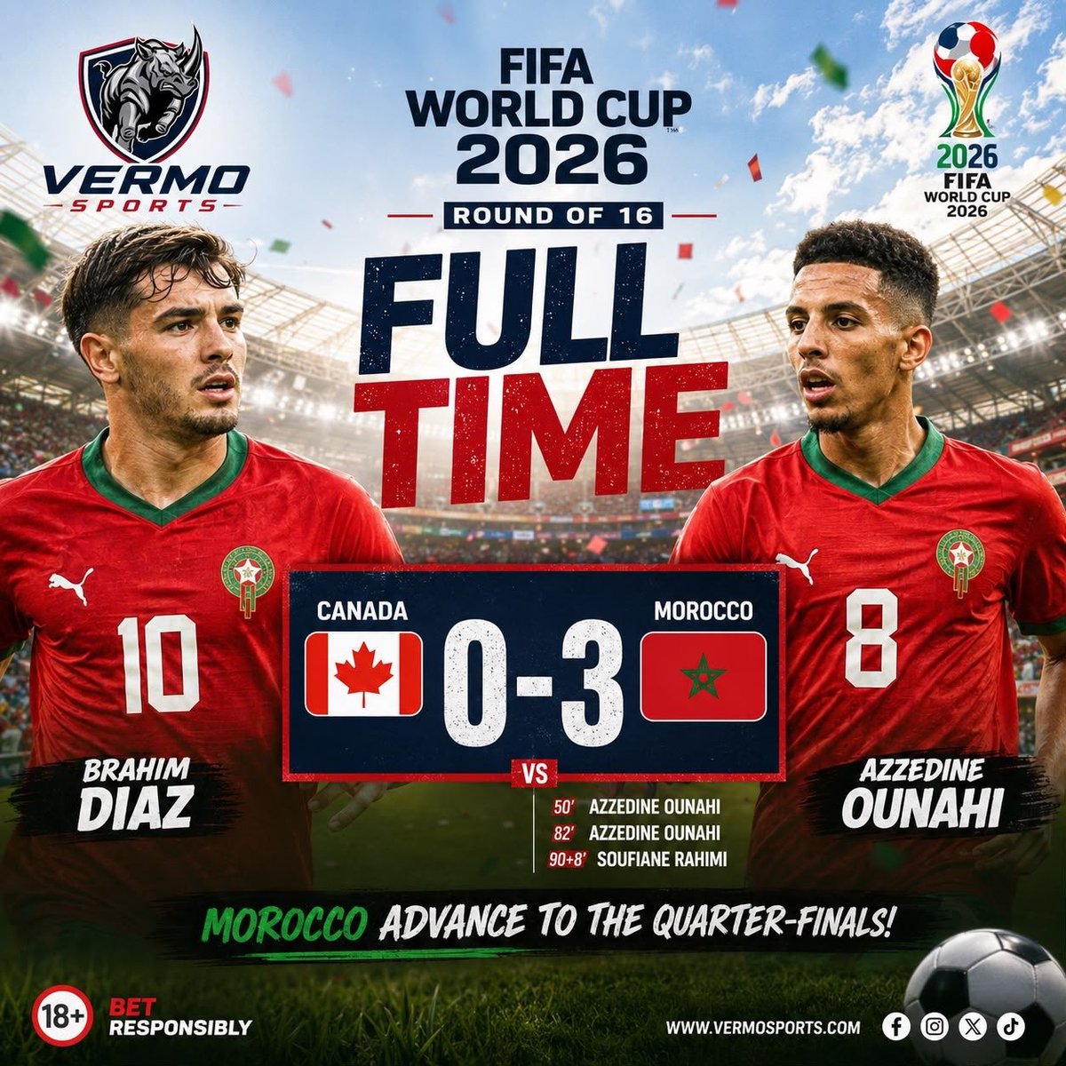 VermoSports's tweet photo. Another statement made. ✅

🇲🇦 Morocco 3-0 Canada 🇨🇦

The Atlas Lions march into the Quarter-Finals in style! 🦁🔥

#WorldCup2026 #VermoSports #Morocco #Football https://t.co/4tJUgWM4ts
