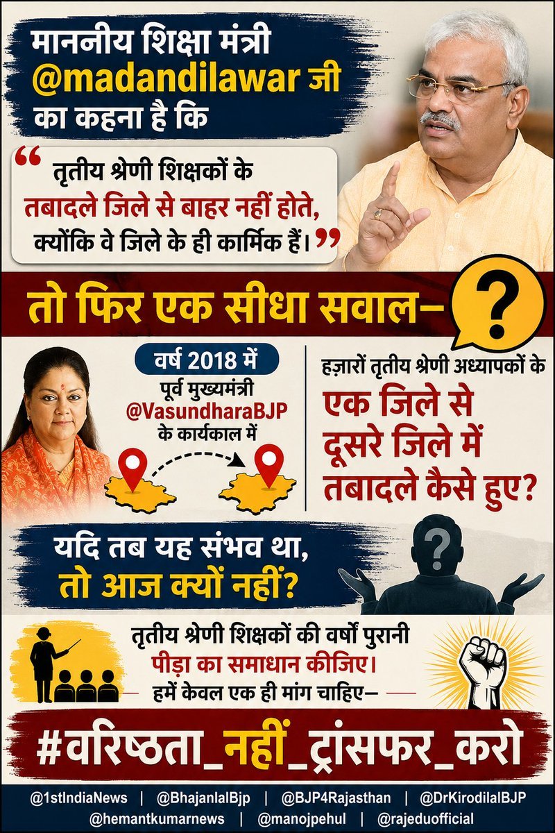 DrRanjeetMeena's tweet photo. माननीय शिक्षा मंत्री @madandilawar जी का कहना है कि तृतीय श्रेणी शिक्षकों के तबादले जिले से बाहर नहीं होते, क्योंकि वे जिले के ही कार्मिक हैं।

तो फिर एक सीधा सवाल—

वर्ष 2018 में पूर्व मुख्यमंत्री @VasundharaBJP के कार्यकाल में हज़ारों तृतीय श्रेणी अध्यापकों के एक जिले से दूसरे जिले में तबादले कैसे हुए?

यदि तब यह संभव था, तो आज क्यों नहीं?

तृतीय श्रेणी शिक्षकों की वर्षों पुरानी पीड़ा का समाधान कीजिए। हमारी केवल एक ही मांग चाह— "Transfer "

#वरिष्ठता_नहीं_ट्रांसफर_करो

@1stIndiaNews @BhajanlalBjp @BJP4Rajasthan @DrKirodilalBJP @hemantkumarnews @manojpehul @rajeduofficial @madanrrathore @RatanChejara