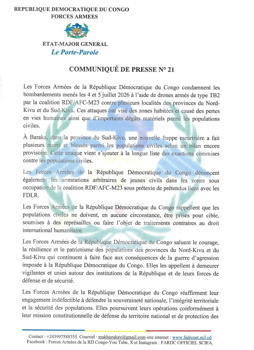 michombero's tweet photo. #Fizi : les FARDC dénoncent le bombardement des objectifs civils par des Drones TB2 de l’armée Rwandaise. 

L’armée congolaise réaffirme sa mission de défendre le territoire national jusqu’au sacrifice suprême.

Communiqué ⤵️ https://t.co/5XECDlylqd