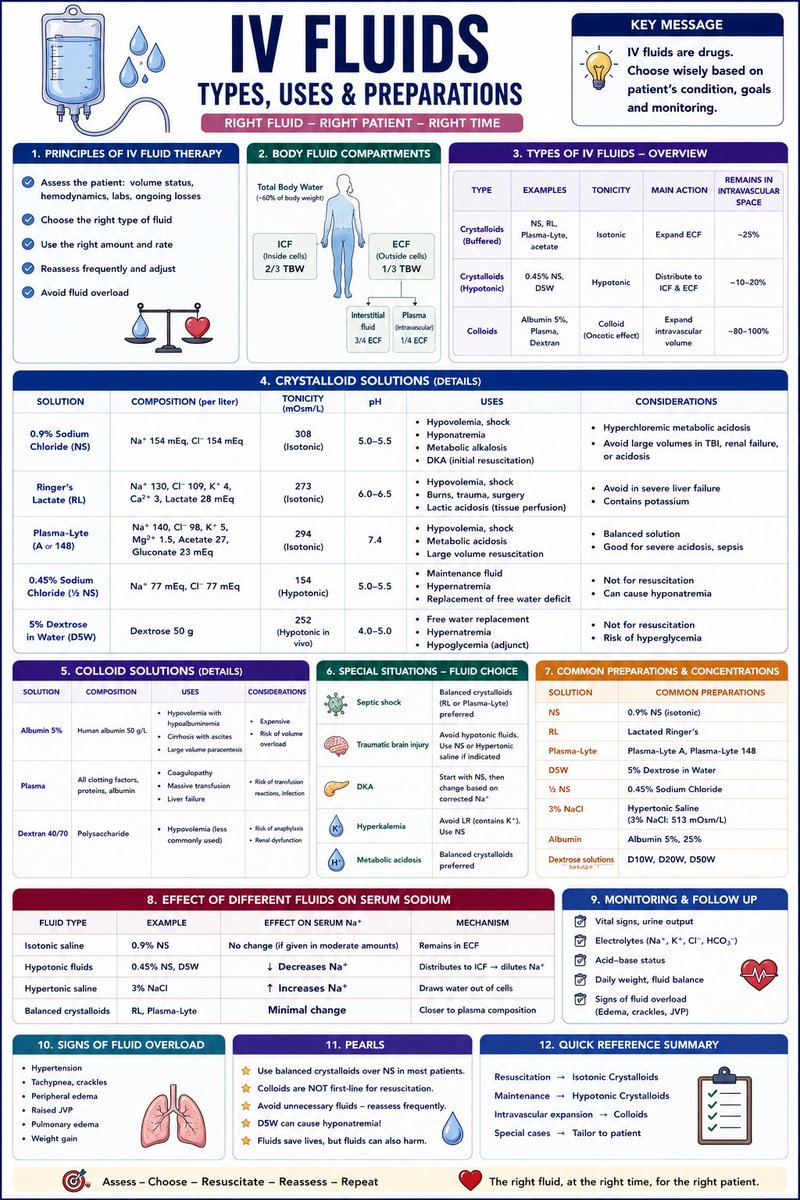 o_o_dr's tweet photo. IV fluids are medications—not just bags of water 💧🩺

Choosing the wrong fluid can worsen the patient's condition.

📌 Normal Saline (NS) → Initial resuscitation, hyponatremia, metabolic alkalosis

📌 Ringer's Lactate (RL) → Trauma, burns, sepsis, balanced resuscitation

📌 Plasma-Lyte → Preferred balanced crystalloid in many critically ill patients

📌 D5W → Free water replacement after dextrose metabolism (not for shock)

📌 0.45% Saline → Maintenance or hypernatremia (not for resuscitation)

📌 3% Saline → Severe symptomatic hyponatremia only

Remember:

💧 Right fluid.
👤 Right patient.
⏰ Right time.

A practical review of IV fluids covering indications, contraindications, composition, tonicity, electrolyte effects, and high-yield emergency & critical care pearls 📚🩺

https://t.co/1dSdJ0pv1C