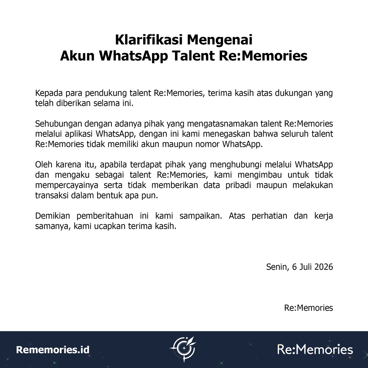 Rememories_id's tweet photo. Klarifikasi Mengenai Akun WhatsApp Talent Re:Memories https://t.co/IsW4FOU5YQ