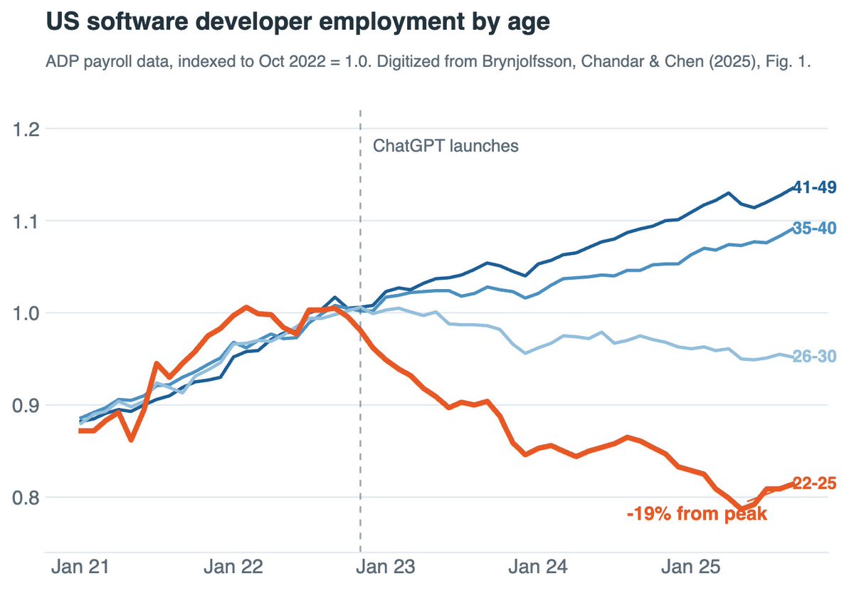 Chart of US software developer employment by age showing ages 22 to 25 down 19 percent from peak while older cohorts continued to rise