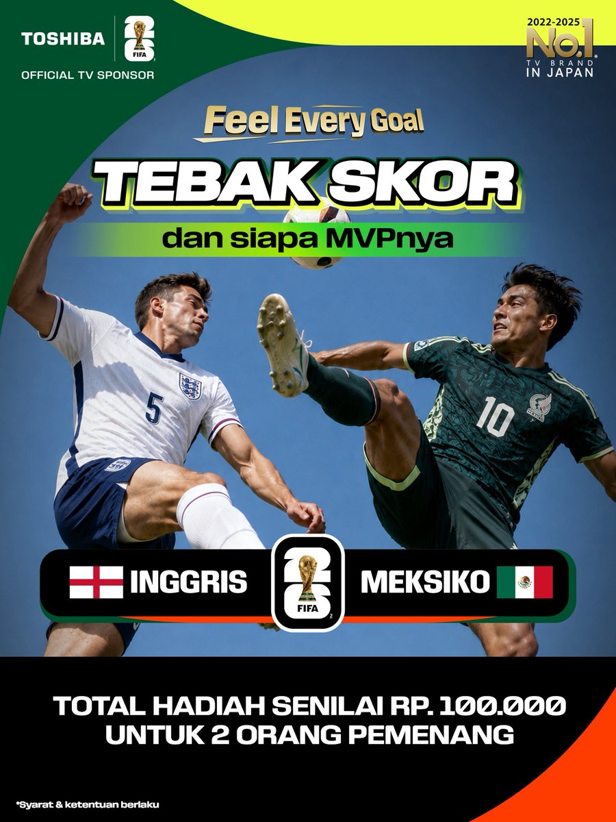 toshibatv_id's tweet photo. Giveaway Tebak Skor!

Inggris vs Meksiko

Syarat:

1. Follow @toshibatv_id &amp; @fanatikball_ 
2. Like postingan ini
3. Reply dengan skor tebakanmu + siapa MVP match ini. Hashtag #FeelEveryGoal

Ditutup 1 jam sebelum kickoff. Pemenang wajib claim hadiah. https://t.co/OFuzQj37yX
