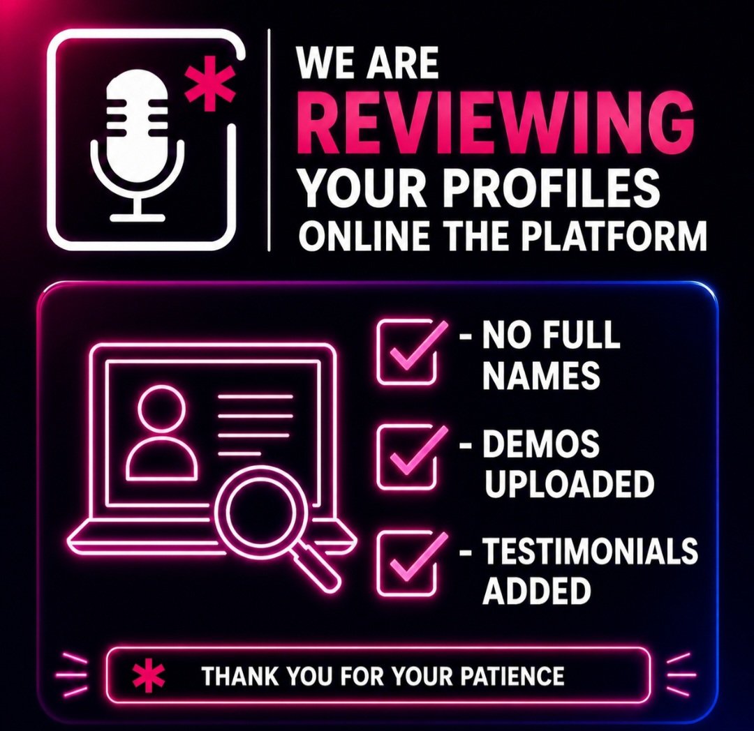 VoiceMatchuk's tweet photo. 120 Early Access Members now on the platform .
Our team are currently reviewing all the profiles
-No full names for Stage Name
-Demos uploaded
-Testimonials added
-Next up will be the
Early Access Clients
-Then the Paying Vo Members
https://t.co/VdfzUgSJc2
#VoiceMatch https://t.co/r38hj0j4KM