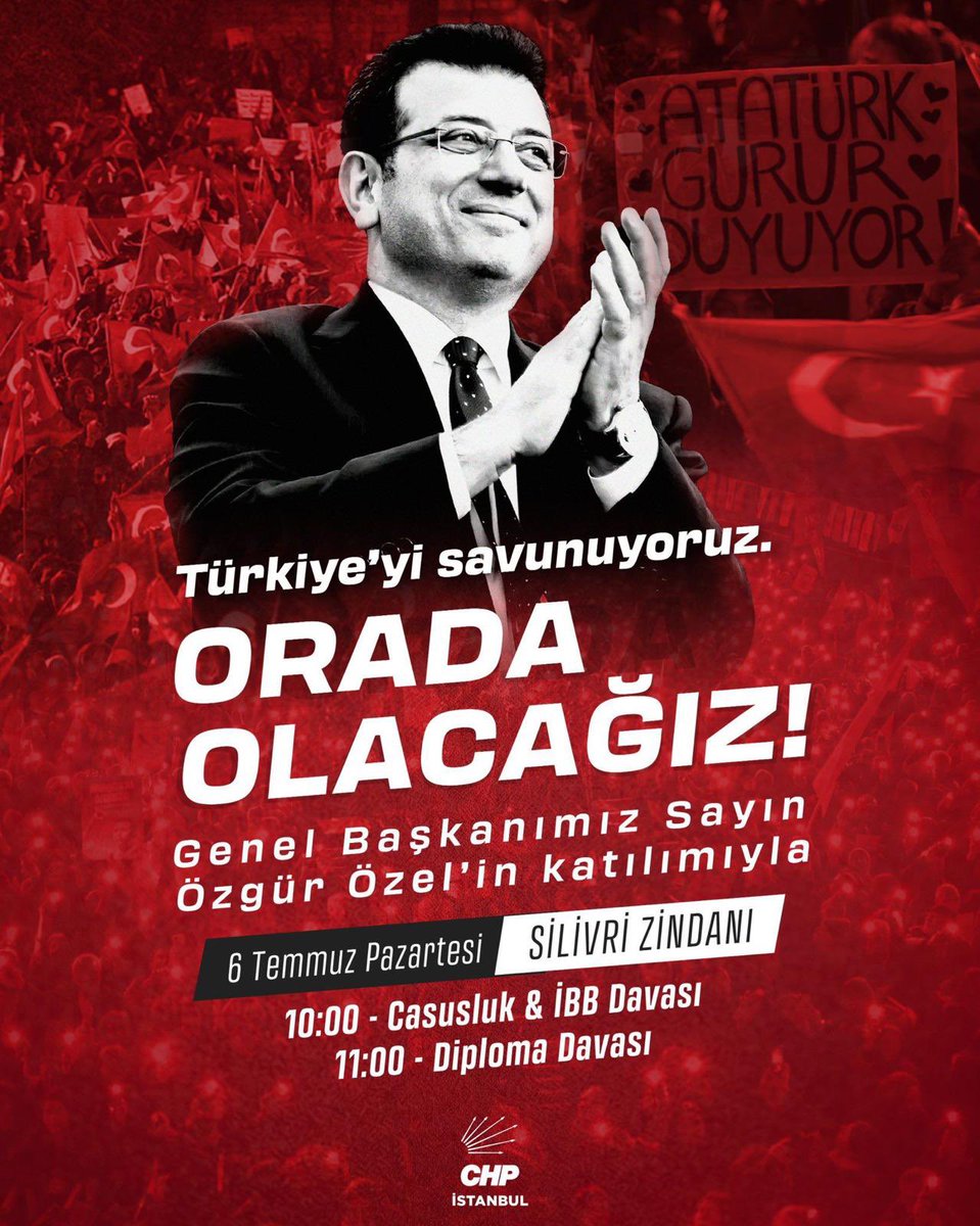 chpatagenc's tweet photo. Orada Olacağız!

Cumhurbaşkanı Adayımız Ekrem İmamoğlu’nun üç ayrı davada yargılanacağı duruşmalarda; demokrasimize, hukuk devletine ve millet iradesine sahip çıkmak için 6 Temmuz Pazartesi (yarın) saat 10.00’da Silivri’de olacağız.

Yarın sabah saat 07.30’da İlçe Başkanlığımız önünden araç hareket edecektir.