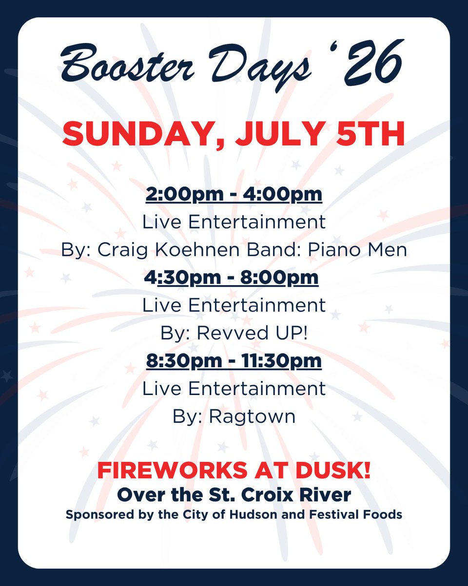 Hudson_Boosters's tweet photo. Don't let the weekend end just yet! Sunday is your last chance to experience the '26 Booster Days celebration;  make the most of the day and cap it off with our annual fireworks display! They're bigger and better every year!🎇 https://t.co/S6GkNUWI3r