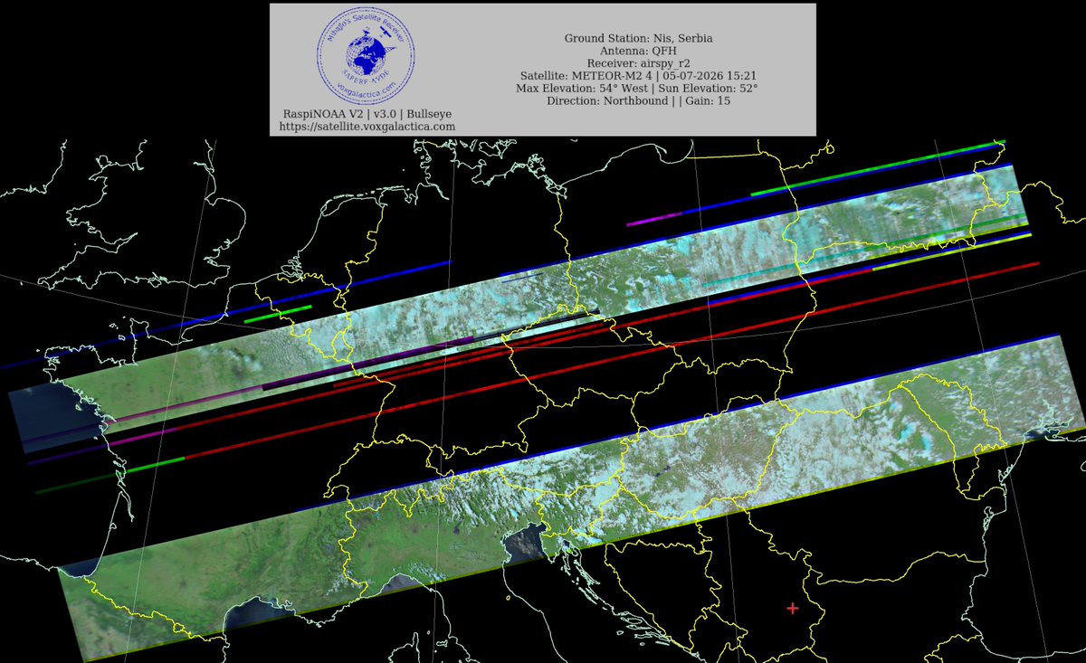 MihajloPi's tweet photo. 🇷🇸Ground Station: Nis, Serbia METEOR-M2 4 05-07-2026 15:05 CEST  Max Elev: 54° W Sun Elevation: 52° Gain: 15 | Northbound

#NOAA #NOAA15 #NOAA18 #NOAA19 #MeteorM2_3 #MeteorM2_4 #weather #weathersats #APT #LRPT #wxtoimg #MeteorDemod #rtlsdr #gpredict #raspberrypi #RN2 #ISS https://t.co/WnFxH9q5Dt