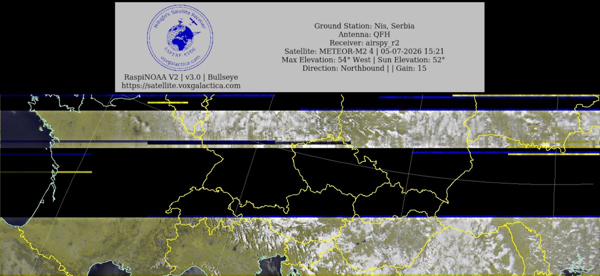 MihajloPi's tweet photo. 🇷🇸Ground Station: Nis, Serbia METEOR-M2 4 05-07-2026 15:05 CEST  Max Elev: 54° W Sun Elevation: 52° Gain: 15 | Northbound

#NOAA #NOAA15 #NOAA18 #NOAA19 #MeteorM2_3 #MeteorM2_4 #weather #weathersats #APT #LRPT #wxtoimg #MeteorDemod #rtlsdr #gpredict #raspberrypi #RN2 #ISS https://t.co/WnFxH9q5Dt