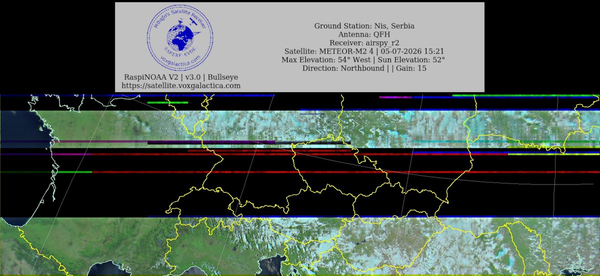 MihajloPi's tweet photo. 🇷🇸Ground Station: Nis, Serbia METEOR-M2 4 05-07-2026 15:05 CEST  Max Elev: 54° W Sun Elevation: 52° Gain: 15 | Northbound

#NOAA #NOAA15 #NOAA18 #NOAA19 #MeteorM2_3 #MeteorM2_4 #weather #weathersats #APT #LRPT #wxtoimg #MeteorDemod #rtlsdr #gpredict #raspberrypi #RN2 #ISS https://t.co/WnFxH9q5Dt