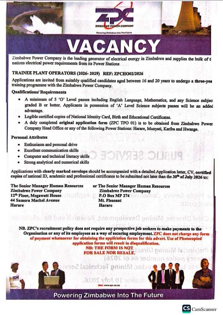 JHodera's tweet photo. *Trainee Plant Operators*
ZIMBABWE Power Company 

Ordinary Level Certificate https://t.co/Txj1On9a34