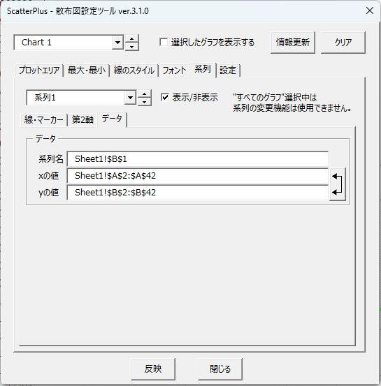 ScatterPlus_Dev's tweet photo. Excelグラフのデータ範囲設定や、標準にない軸の入れ替えが面倒…そんな悩みを解決。
『ScatterPlus』なら、データ範囲の変更も軸の入れ替えもこの一画面で簡単に完結します。
管理者権限・レジストリ書き換え不要なアドインです。

👇解説・無料DL
https://t.co/guoZmZPtZT
#Excel #VBA #業務効率化 https://t.co/xtJiC10eBE