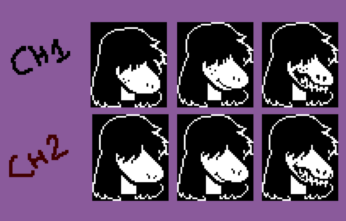 cloverlovania's tweet photo. small nitpick for those making custom deltarune dialogue: 
when making a textbox with susie, susie *never* uses her chapter 1 portraits past chapter 1. never mix a ch1 portrait in with ch2+ portraits

even the ones that resemble the ch1 portraits are different! https://t.co/jZwzcPq3N6