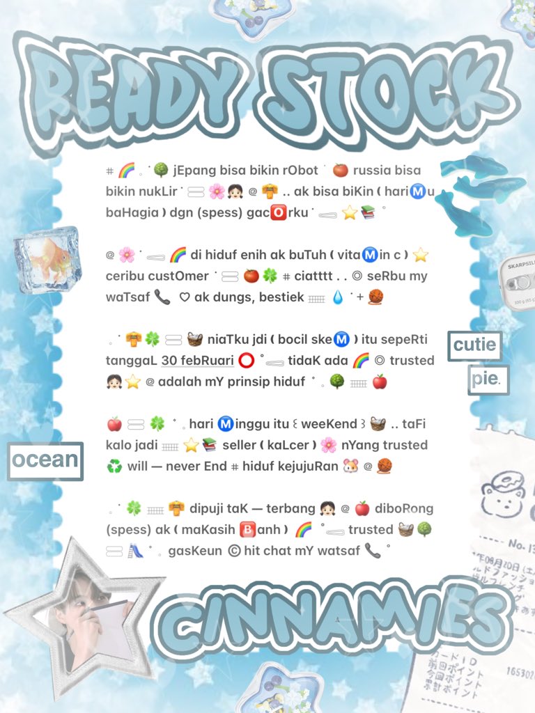 cinnyamies's tweet photo. ╭┈  ֹ   help repost? thankies, sweetie 🐳

{ II } ׁ ๑ 🪽.. haii, timan — timun ?! naka punya wording ready stock nih 𓏏𓏏 ִ ⊹  bio 3.500/each. 𖢷  ׅ  ࣪  ⸝⸝ pinned 5.500/each💧🦴 yuk, ping chat:ie aku &amp;. take sekarang juga   𓈒˚ >___^ 

#bealanjaㅤ https://t.co/PCJa7DYUsW