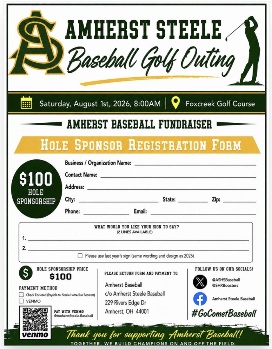 ASHSBaseball's tweet photo. This year’s Amherst Steele Baseball Golf Outing is just 4 weeks away! Email steelehomerunboosters@gmail.com today to enter your foursome or become a hole sponsor! #GoComets☄️ https://t.co/fq4SkYbhsr
