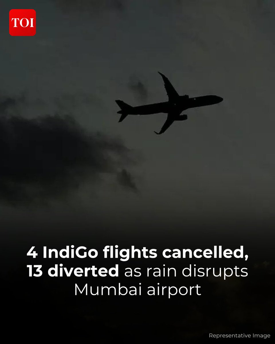 timesofindia's tweet photo. Heavy rain and strong winds disrupted flight operations at Mumbai's Chhatrapati Shivaji Maharaj International Airport on Sunday, forcing the temporary suspension of runway operations for about an hour. The weather disruption led to the cancellation of four IndiGo flights and the diversion of 13 incoming aircraft operated by various airlines, sources said. 

More details 🔗 https://t.co/5loTem7yAz

Stay informed, stay ahead – download the TOI app today 👉 https://t.co/ogFaRsVinV

#MumbaiRains #MumbaiAirport #CSMIA #FlightDelay #FlightDiversion #IndiGo #Mumbai #Monsoon2026