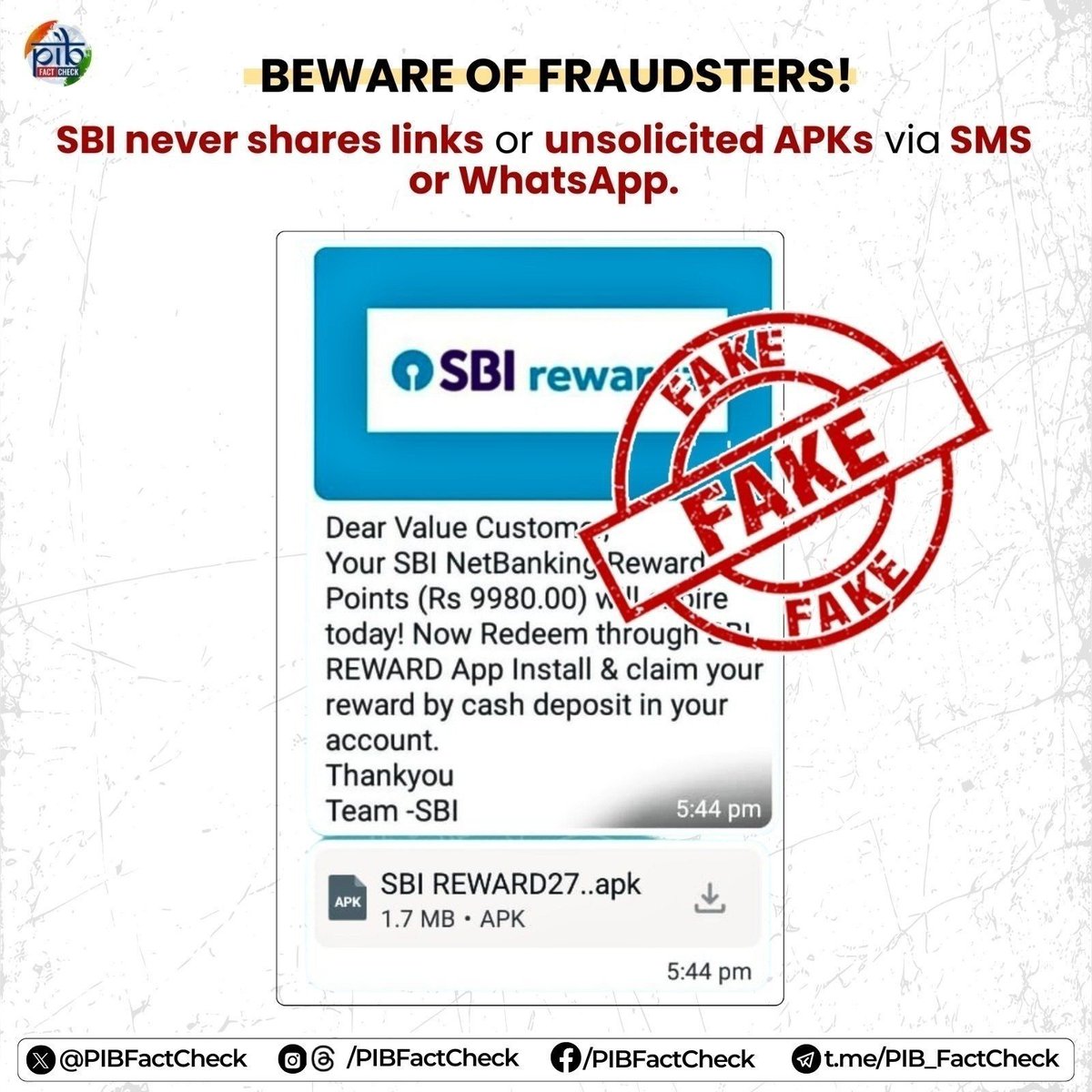 PIBFactCheck's tweet photo. Did you also receive a message asking you to download &amp; install an APK file to redeem SBI rewards❓

Beware‼️ 

#PIBFactCheck

❌@TheOfficialSBI NEVER sends links or APK files over SMS/WhatsApp.

✔️Never download unknown files or click on such links. https://t.co/VyE4RLK7k4
