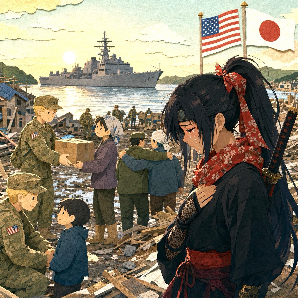 hokkori_buzz's tweet photo. 🇯🇵 Dear American friends, I will never forget this for as long as I live. 😭

March 11, 2011. 2:46 PM.

The Great East Japan Earthquake struck.

Magnitude 9.0.

The largest earthquake ever recorded in Japanese history violently shook the Tohoku region. 🌏

Then, dozens of minutes later, a tsunami beyond imagination swallowed the coastline. 🌊🌊

Around the world, many governments advised their citizens to leave Japan.

Some embassies reduced their staff or temporarily relocated their operations.

Sendai Airport filled with people desperately trying to leave Japan. ✈️

March 11.
The earthquake.
The tsunami.

Fukushima Daiichi Nuclear Power Plant lost all electrical power.

The cooling systems failed, and the reactors began to melt down. ⚠️

March 12.
Unit 1 exploded. 💥

The reactor building was torn apart, and the images spread across the world.

Fear of radiation spread across the globe, and many people tried to keep their distance from Japan.

But then…

🇺🇸 America came closer.

Within hours of the earthquake, the decision was made. On March 12, Operation Tomodachi began. 🤝

24,000 service members.
189 aircraft. ✈️
24 ships. ⚓

They headed toward the disaster area.

Even with the fear of explosions still lingering, they carefully managed the risks of radiation while delivering food, water, and medical supplies, and continued their relief operations. 🚢📦💧

It wasn’t only the U.S. military stationed in Japan.

From the American mainland, from across the Pacific, and from Americans living in Japan, an overwhelming desire arose

「We want to help Japan.」 😭

They helped restore Sendai Airport. ✈️
They delivered emergency supplies. 📦
They searched for and rescued survivors alongside the Japan Self-Defense Forces. 🛟

And they stayed by Japan’s side for as long as they were needed. 🤝

The name of the mission was…
Operation Tomodachi.

「Tomodachi.」 🥹

Perhaps that name was chosen carefully.

Or perhaps there simply wasn’t any other word that fit.

A kunoichi trains for years never to show emotion while on a mission.
To observe.
To report.
To act without being ruled by emotion.

And yet, every time I remember those ships sailing toward Tohoku, I cannot count how many times I have cried. 😭

Even today, I cannot find words in any language to express what I felt back then. 💙😭

When so many people were trying to leave Japan,
you came. 😭

When fear and uncertainty covered our nation,
you stayed by our side. 😭

You rescued survivors, delivered hope, and stood with us when we needed friends the most. 😭

A kunoichi remembers everything.

Even now, more than fifteen years later. 🕊️

Happy 250th Birthday, America. 🎉

Japan will never forget the friendship you showed us on those days. 🇯🇵🤝🇺🇸

Never.

Forever… 🥹❤️

#A250inJapan