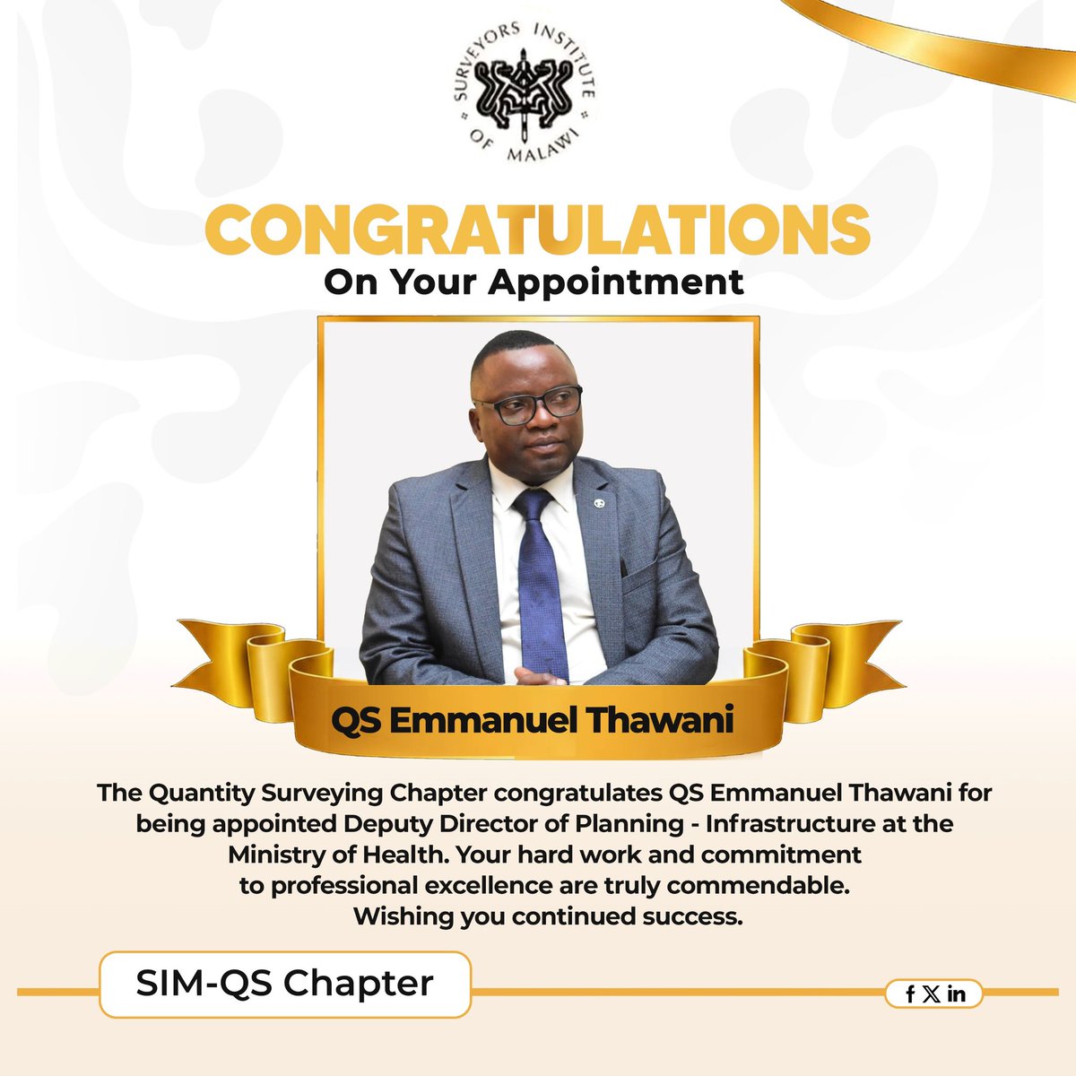 QSChapterMalawi's tweet photo. Congratulations on your appointment Chartered QS Emmanuel Thawani. https://t.co/rS9u27mVwr