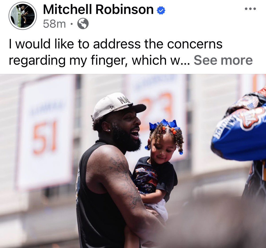 NBA_NewYork's tweet photo. Mitchell Robinson on Facebook: “I would like to address the concerns regarding my finger, which was actually my knuckle. To provide some context, I had been dealing with personal issues, relationship problems, and internal struggles, which affected my performance on the basketball court. In this league I simply follow the instructions given to me y’all have seen videos of everything I’m very capable of doing. Moving forward to the Eastern Conference finals, after our victory in Cleveland, everything seemed to be going well. We were celebrating our achievement, but for me, things took a turn for the worse. As many of you know, I am a compassionate and private person who enjoys listening to country music. Without going into details about my upbringing, I am extremely protective of my siblings, whom I care for deeply. Upon returning to New York, I received an unexpected phone call, and my family members contacted me, informing me that my youngest brother had been involved in a car accident. I did not see the messages until I arrived home late that night. As the eldest sibling, I felt a deep sense of concern, and I immediately went into panic mode. I began returning calls and texts, and when I FaceTimed my brother, I thought he was deceased. He was wearing a neck brace, unresponsive, and not speaking. I broke down in tears, feeling like a failure for not being able to protect my siblings. Being 910 miles away, I felt helpless. In a moment of frustration, I banged my hand on my truck. As many of you know, I have a deep affection for my trucks, but my siblings and daughter are my top priority. Before judging someone, it is essential to understand their circumstances, which may not be publicly known. Life is unpredictable, and it is how we respond to challenges that truly matters. After consulting with doctors, I was able to gain the confidence in myself to go in and get the job done and WE DID 2026 NBA CHAMPS. so at the end of the day I battled with so much throughout this season even made a huge sacrifice to not see my daughter as much this season  because I needed to focus and lock in so she can have a better future than I did. ❤️‍🩹”
