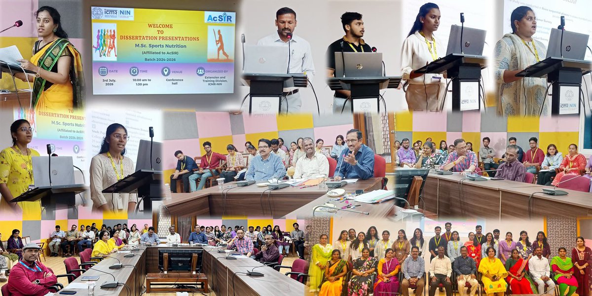 ICMRNIN's tweet photo. HEARTY CONGRATULATIONS to the outgoing students of MSc (Applied Nutrition) and MSc (Sports Nutrition) 2024-26 batch affiliated to @AcSIR_India have successfully presented their dissertation works on 2 &amp;3 July 2026

@ICMRDELHI @DeptHealthRes @MoHFW_INDIA https://t.co/W3uByAeAqF