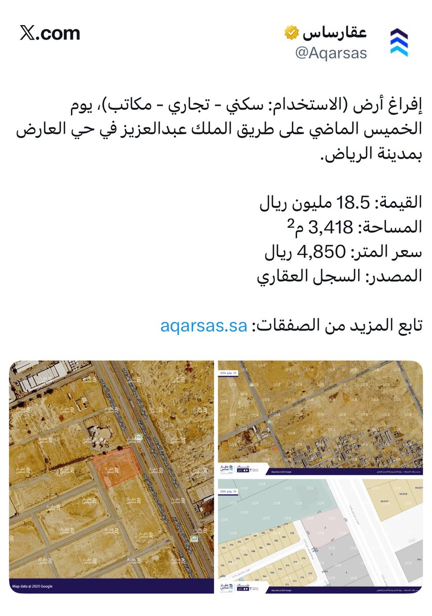 alhalafiforRS's tweet photo. 📍 صفقة عقارية جديدة في شمال الرياض 
ونقول 

الواقع يفرض نفسه والأسعار المعروضه  غير أسعار التنفيذ الفعلي! 😉📈

تم إفراغ أرض (استخدام: سكني - تجاري - مكاتب) يوم الخميس الماضي في حي العارض بموقع مميز على طريق الملك عبدالعزيز مباشرة.

📊 تفاصيل الصفقة:
• القيمة الإجمالية: 18.5 مليون ريال
• المساحة: 3,418 م²
• سعر المتر: 4,850 ريال

سؤال للمكتنزين والـمُرددين لـ العقار ما ينزل ويبي يطير :
إذا كانت هذه الأسعار الحالية لقطع تجارية/مكتبية على شريان رئيسي بشمال الرياض.. 

أراضيكم البيضاء اللي داخل الأحياء وبلا خدمات كم تسوى الآن في الحسبة الفعلية؟