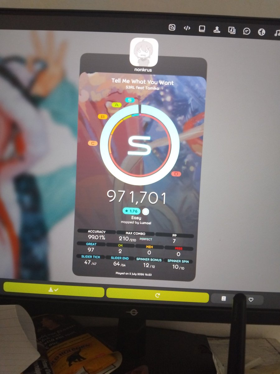 nonkrus's tweet photo. As a relatively new #osu player who couldn't get over 75% accuracy, I need to give a big thanks to polars on YT for helping me achieve my first S 99.01% accuracy. Even if it's a pretty easy 1.76 I'm still extremely proud of myself. https://t.co/cLticfNyzz