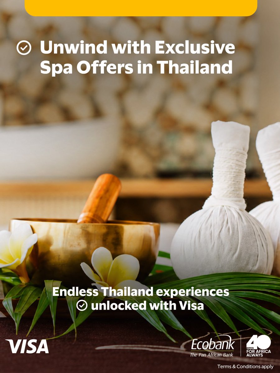 EcobankRW's tweet photo. Sightseeing is great but a spa day is better. 💆🏽♀️🌿
Treat yourself to relaxing spa experiences across Thailand and enjoy exclusive offers when you pay with your Ecobank Visa Card.
#AbetterWay #EcobankRW https://t.co/aRwCFpNfBj