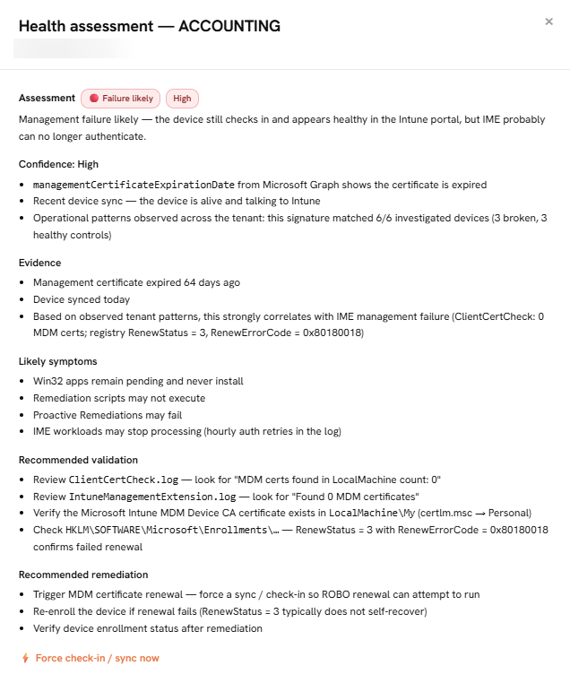 xenappblog's tweet photo. MDM certificate renewal failures are breaking Intune management on some devices.

After renewal, affected devices end up with **zero usable MDM certificates** (while healthy devices consistently show one). This is showing up with:

- RenewStatus = 3  
- RenewErrorCode = 0x80180018  
- LinkedEnrollment LastError = 0x8018000B

As a result, the Intune Management Extension and ClientCertCheck report no MDM certificate, which breaks Win32 app deployment, scripts, and remediation workloads.

The FREE Intune Dashboard’s new **Management Health** tab now surfaces these certificate lifecycle issues, making it easier to identify affected devices.

@Mister_MDM @MSIntune #Intune