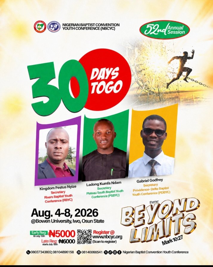 nbcyc_official's tweet photo. https://t.co/F3TEnBqnfi

30 DAYS TO GO! ⏳🔥

Don't miss this experience, it is going to be unforgettable. 
Register, pray, plan, and invite others. See you at NBCYC 2026!

#NBCYC2026 #30DaysToGo #BeyondLimits #Mark1027 #YouthOnMission https://t.co/Wn5DSetQ0S
